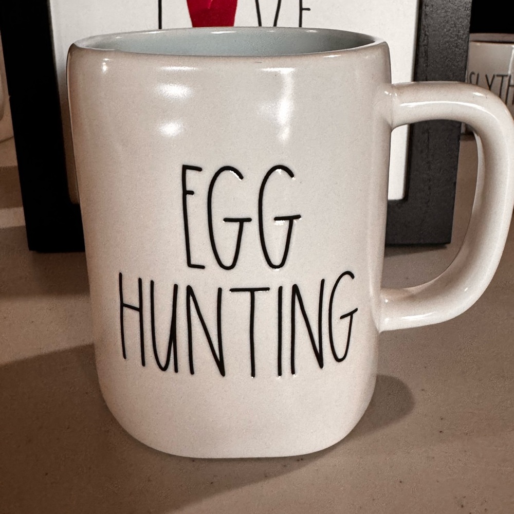 Rae Dunn Egg Hunting White Mug. Robin egg blue on the inside.